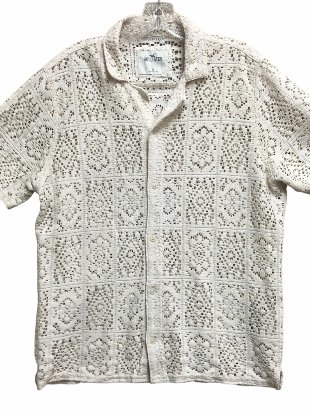 Hollister Ivory Lace Shirt Crochet Button Down Men’s M Coastal Amalfi Resortwear - Picture 4 of 10